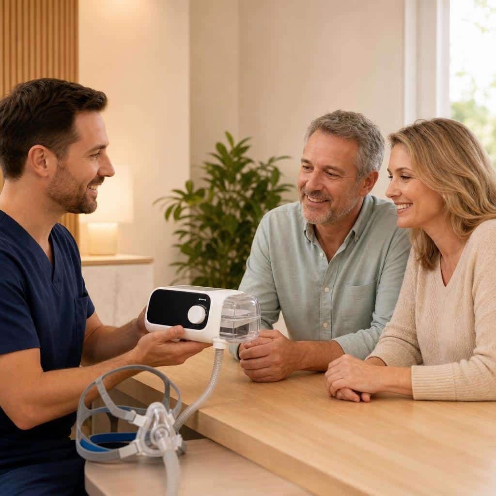 Clinician showing a couple a CPAP machine at the clinic counter