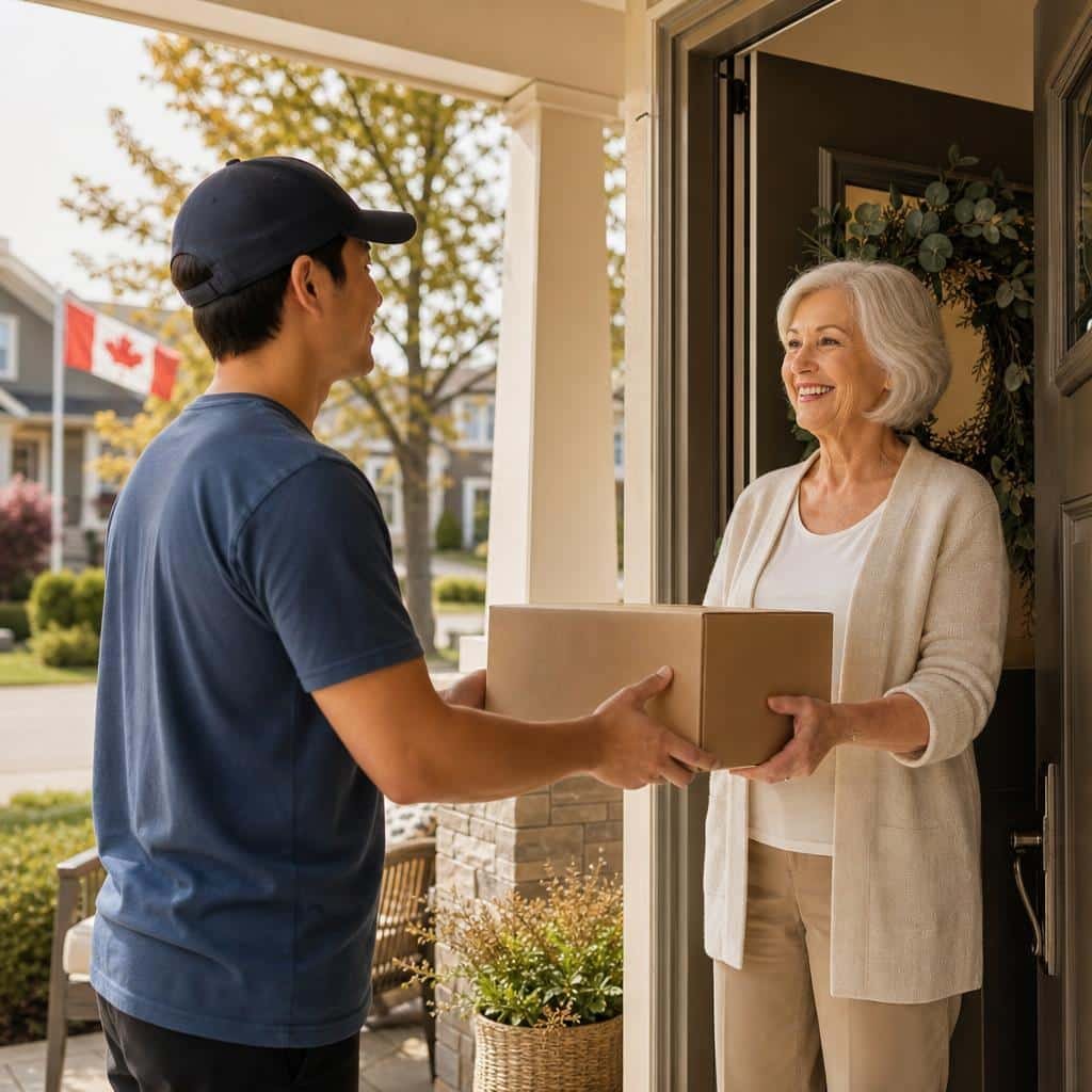 Delivery person handing a package to a smiling woman at her front door