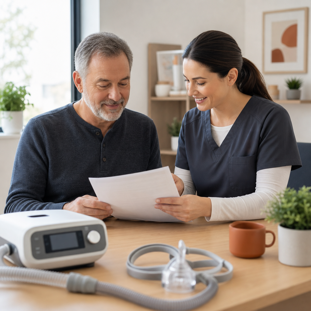Patient reviewing CPAP funding paperwork with a respiratory therapist