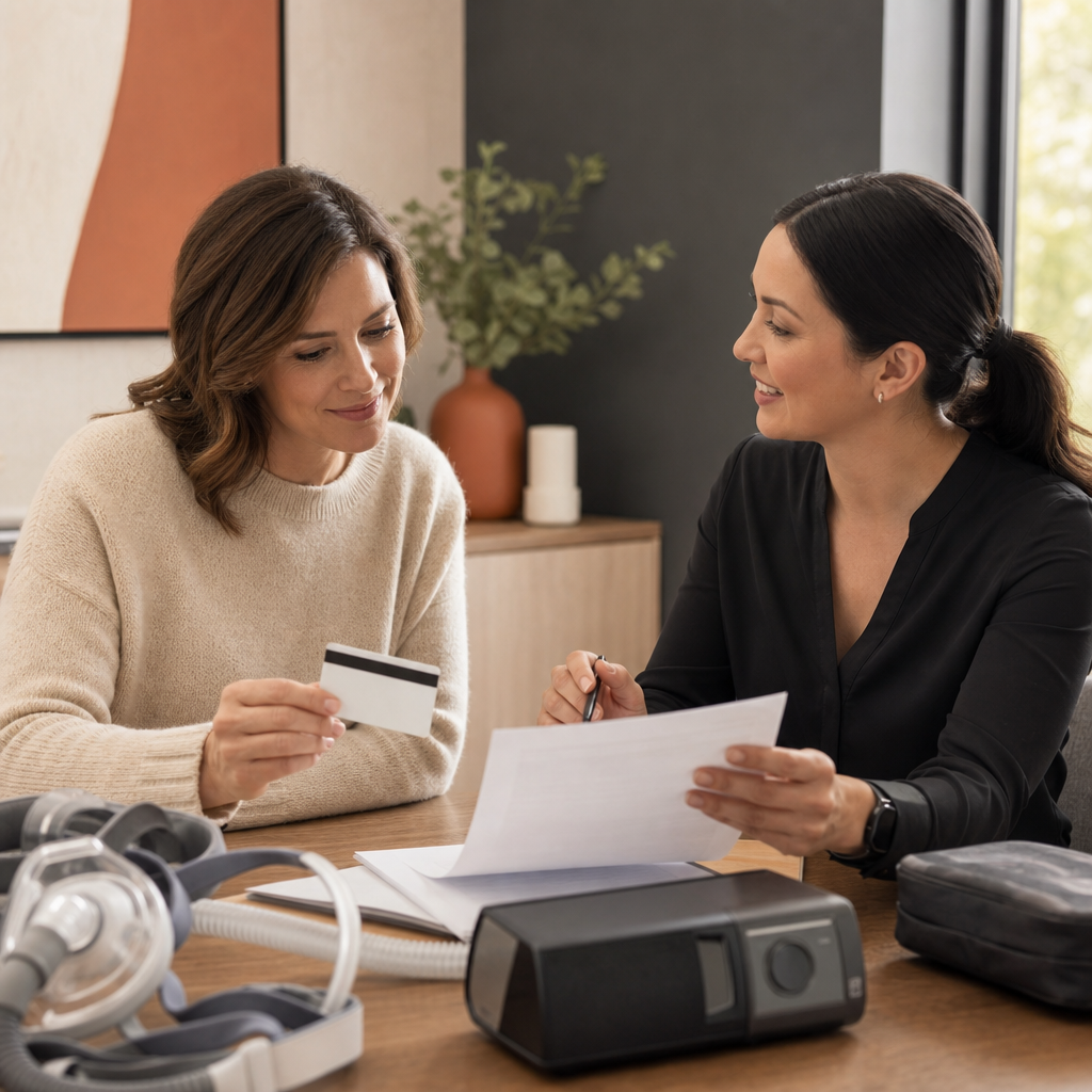 Patient reviewing private insurance coverage with a CPAP care advisor