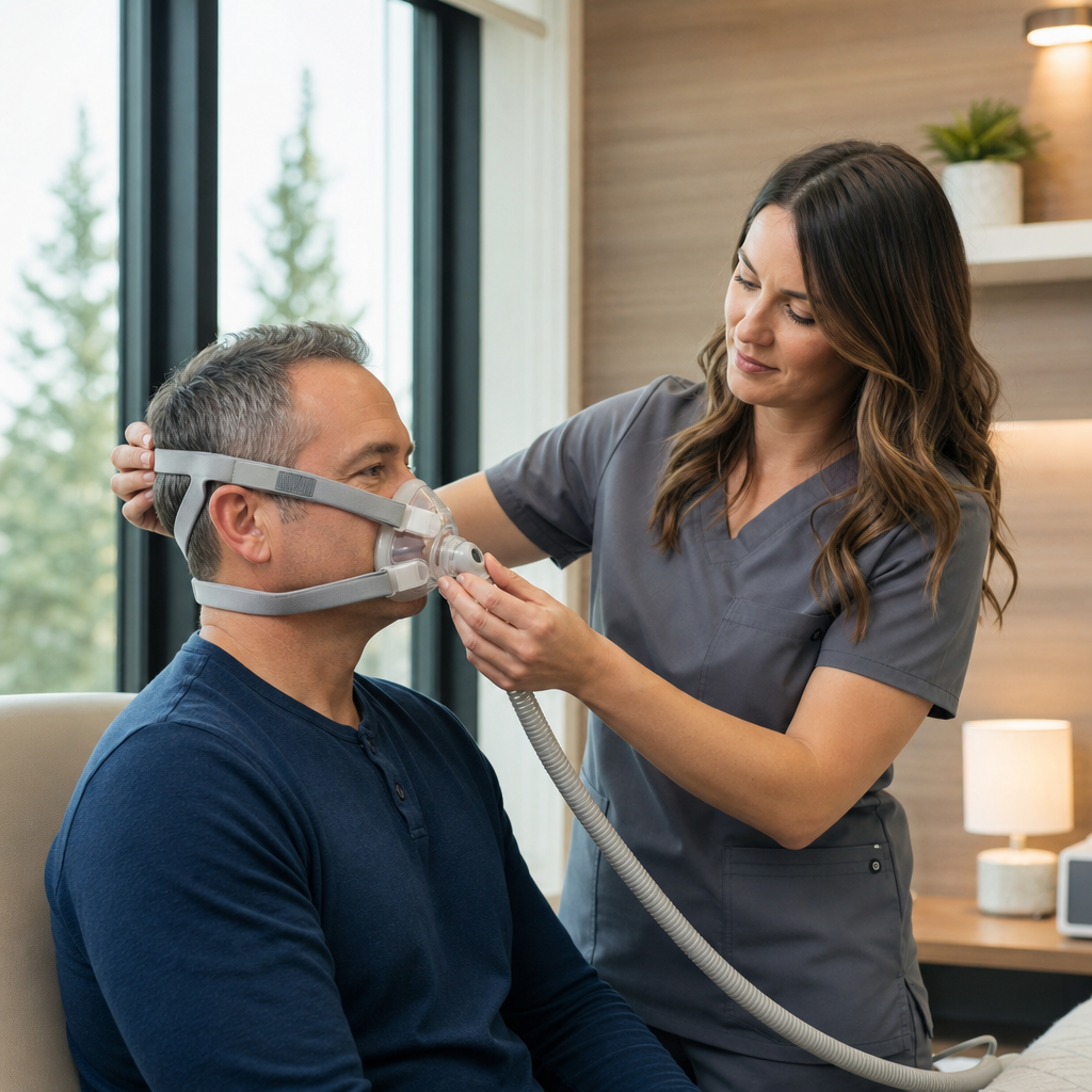 A clinician demonstrating how to adjust a CPAP mask.
