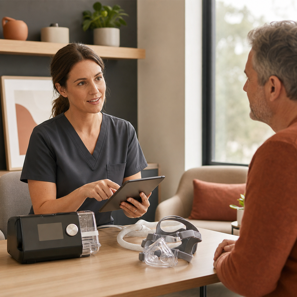 Respiratory therapist organizing CPAP direct billing details with a patient